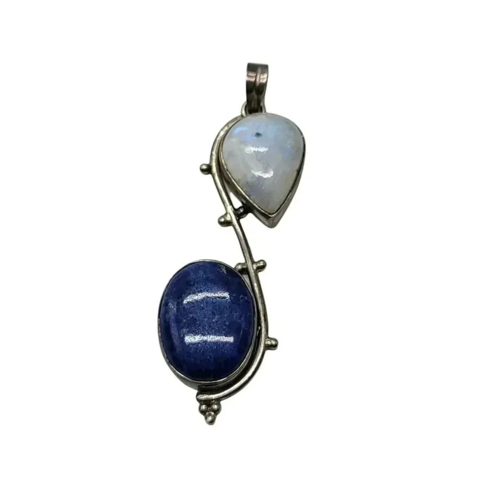 Blue Lapis Lazuli Moonstone Abstract .925 Sterling Silver Necklace Pendant